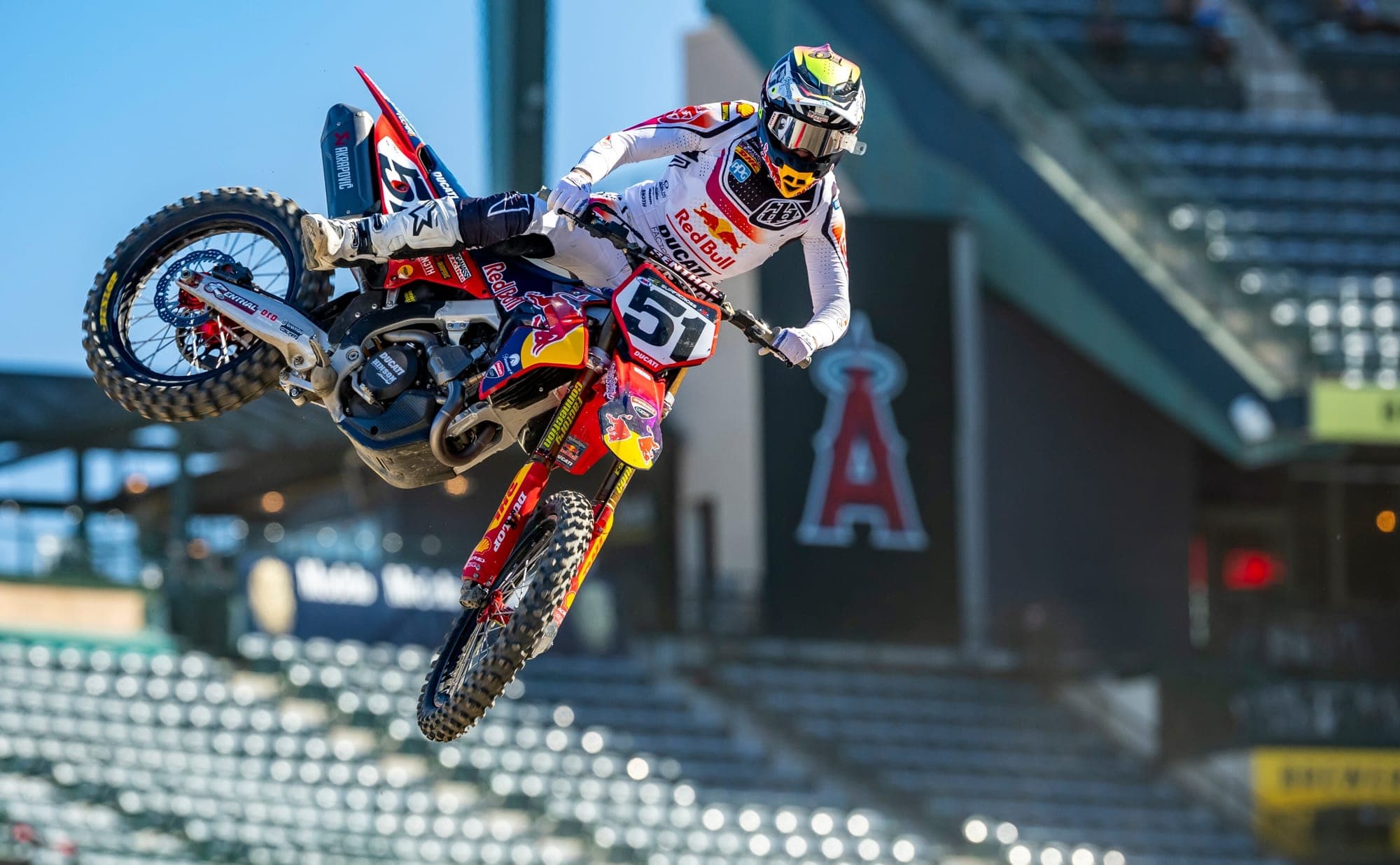 Justin Barcia in the air on his Ducati during 2026 Anaheim 1 Supercross qualifying